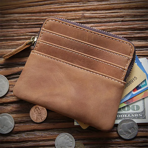 Retro Handmade Leather Zipper Card Holders Wallets