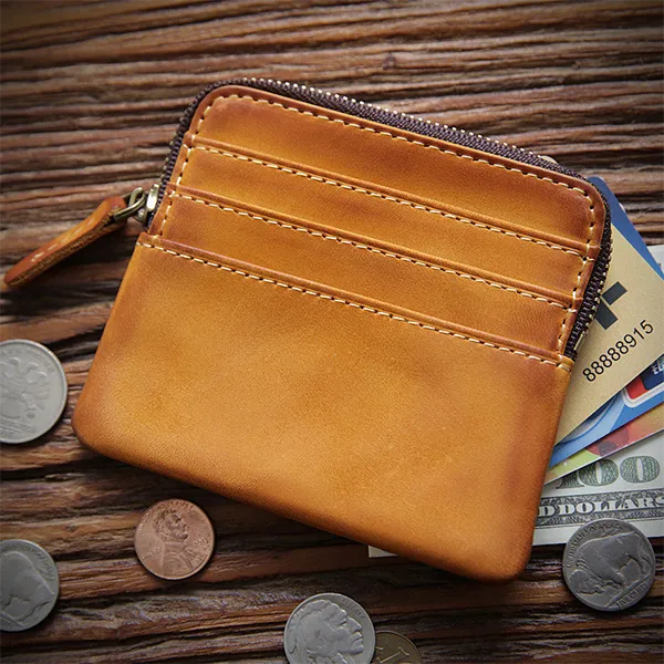 Retro Handmade Leather Zipper Card Holders Wallets