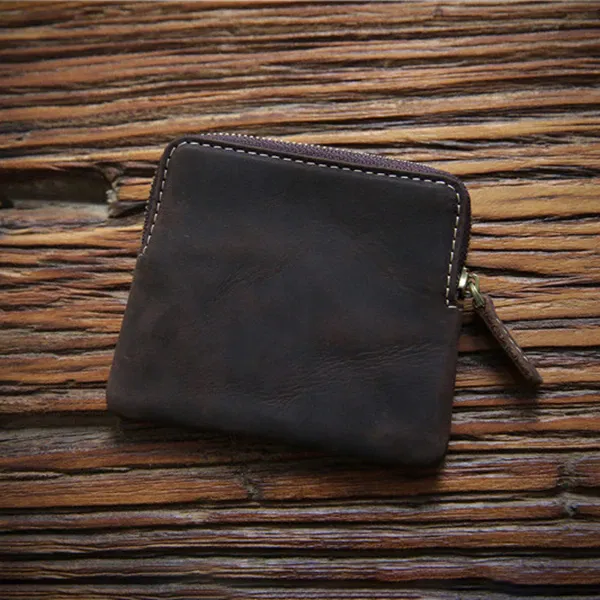 Retro Handmade Leather Zipper Card Holders Wallets