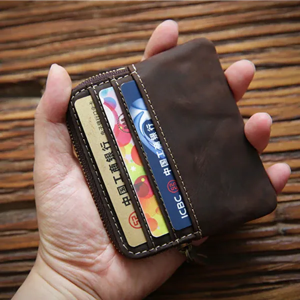 Retro Handmade Leather Zipper Card Holders Wallets