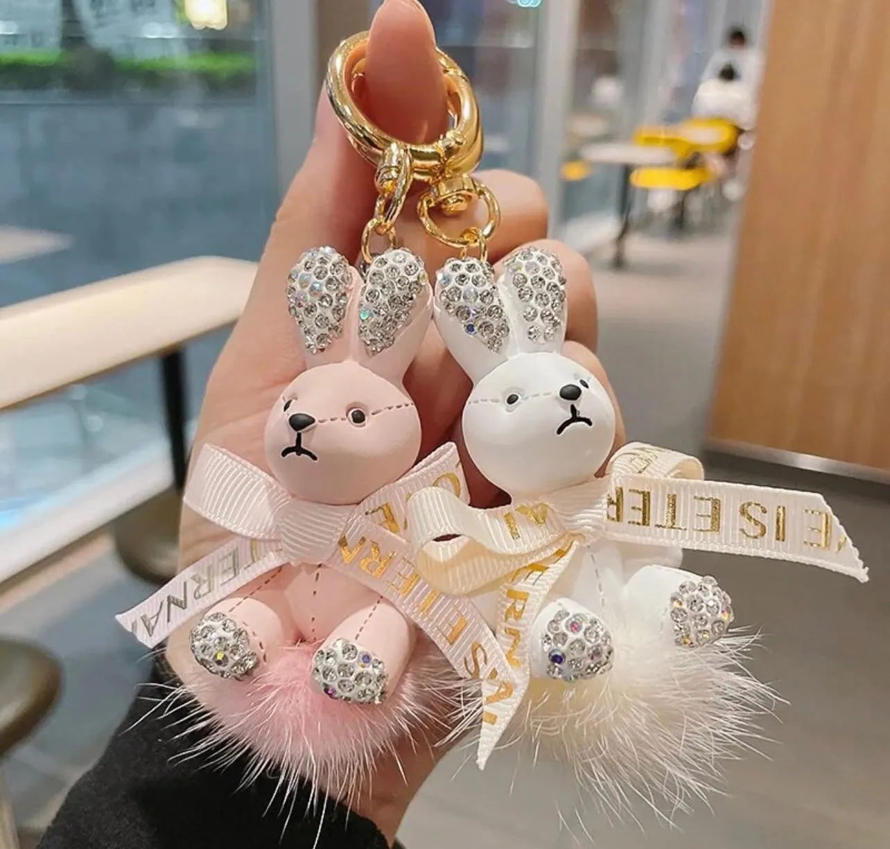 Rhinestone Ribbon Rabbit Fluffy Pom Pom Keychain Bulk Bow Rhinestone Faux Pompoms Keyring for Girls Women Bags Craft