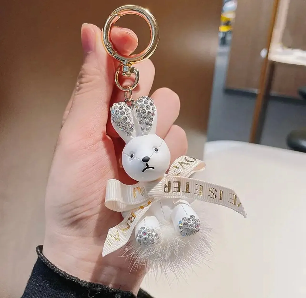 Rhinestone Ribbon Rabbit Fluffy Pom Pom Keychain Bulk Bow Rhinestone Faux Pompoms Keyring for Girls Women Bags Craft