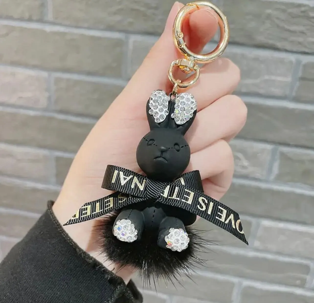 Rhinestone Ribbon Rabbit Fluffy Pom Pom Keychain Bulk Bow Rhinestone Faux Pompoms Keyring for Girls Women Bags Craft