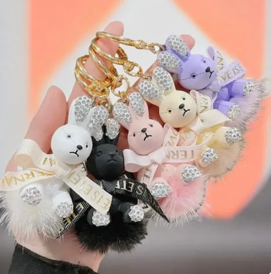 Rhinestone Ribbon Rabbit Fluffy Pom Pom Keychain Bulk Bow Rhinestone Faux Pompoms Keyring for Girls Women Bags Craft