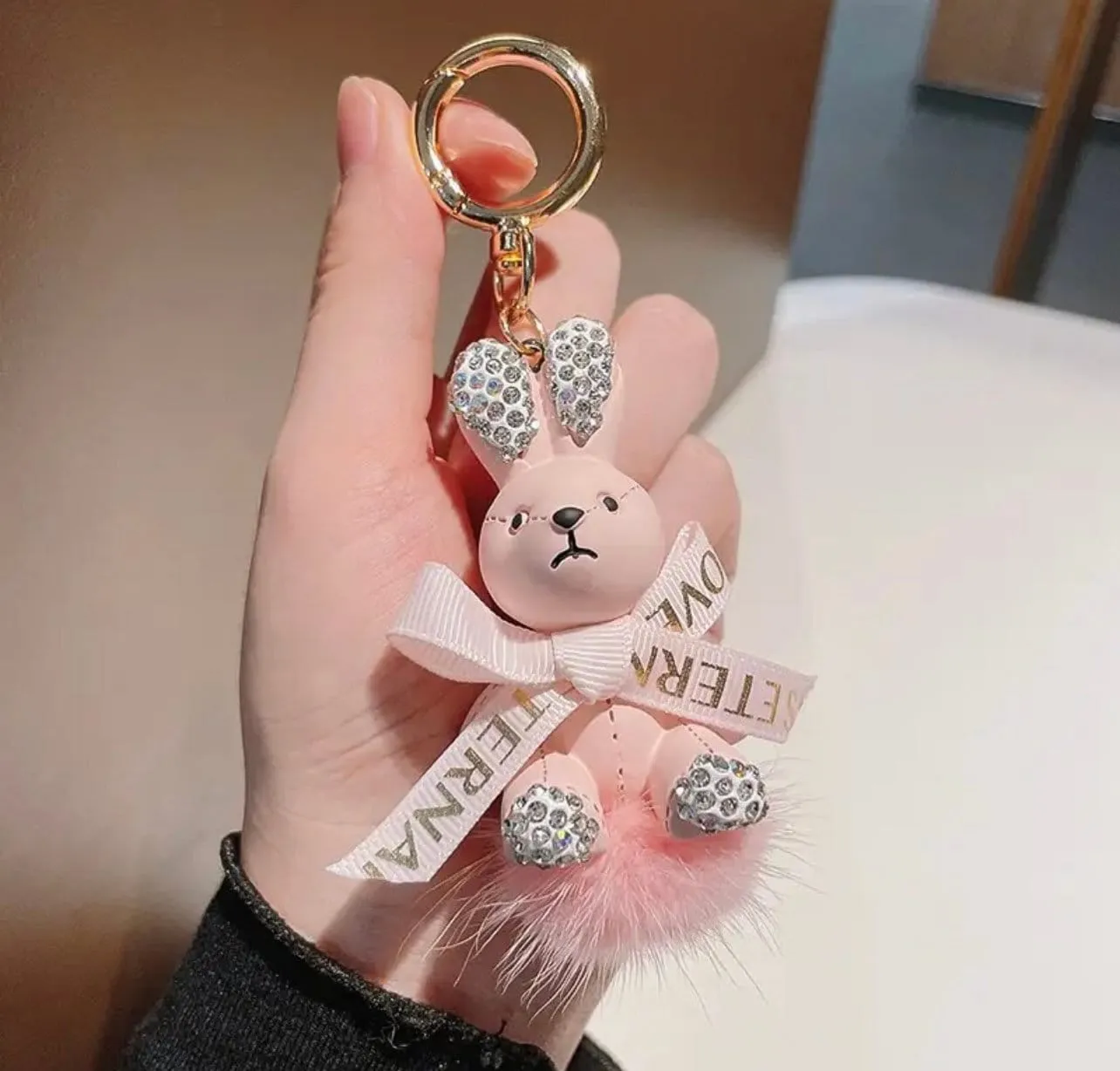 Rhinestone Ribbon Rabbit Fluffy Pom Pom Keychain Bulk Bow Rhinestone Faux Pompoms Keyring for Girls Women Bags Craft