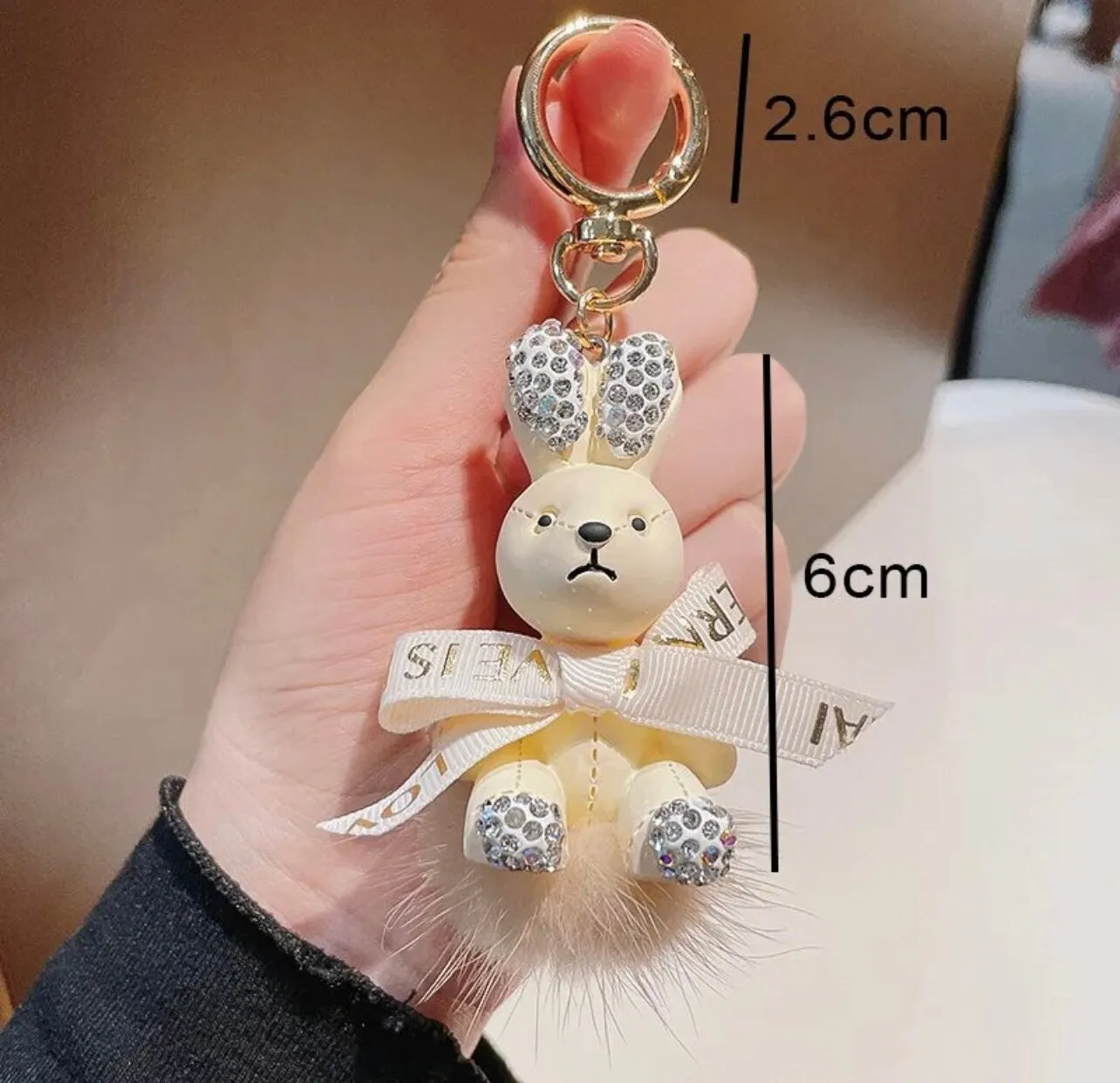 Rhinestone Ribbon Rabbit Fluffy Pom Pom Keychain Bulk Bow Rhinestone Faux Pompoms Keyring for Girls Women Bags Craft