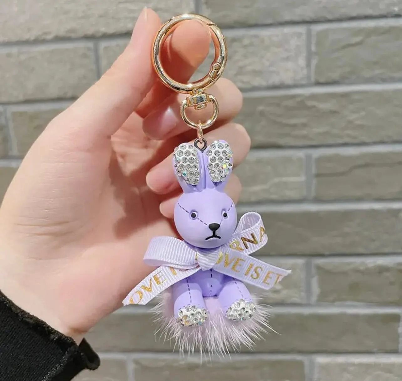 Rhinestone Ribbon Rabbit Fluffy Pom Pom Keychain Bulk Bow Rhinestone Faux Pompoms Keyring for Girls Women Bags Craft