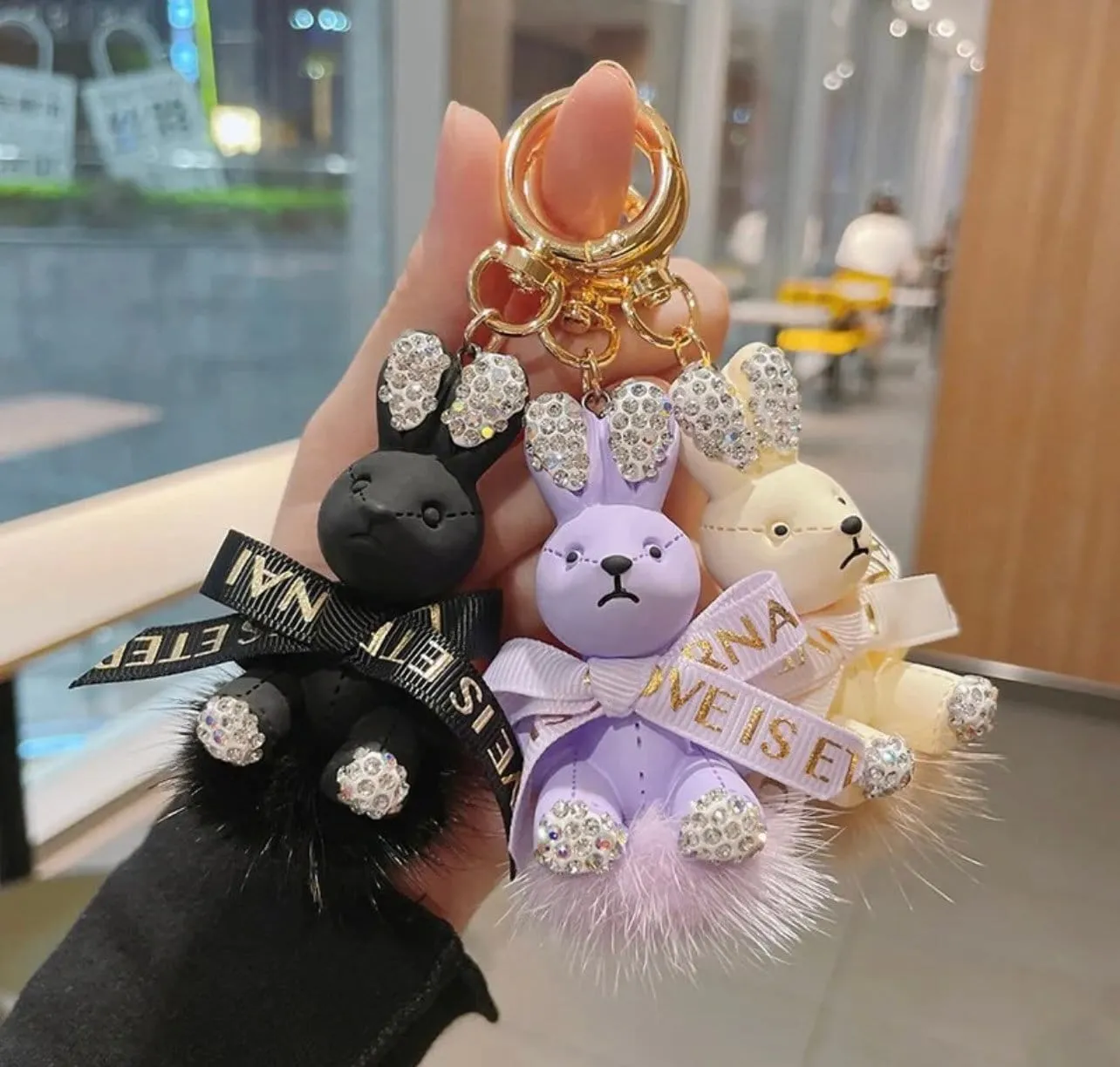 Rhinestone Ribbon Rabbit Fluffy Pom Pom Keychain Bulk Bow Rhinestone Faux Pompoms Keyring for Girls Women Bags Craft