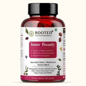 Rooted Inner Beauty Supplement for Collagen, Gut, Radiant Hair & Skin health | Mushrooms   Herbs Extract Blend | 120 Veg Caps of 650 mg each