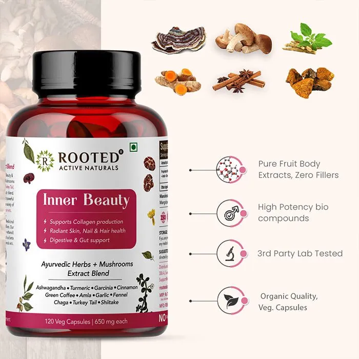 Rooted Inner Beauty Supplement for Collagen, Gut, Radiant Hair & Skin health | Mushrooms   Herbs Extract Blend | 120 Veg Caps of 650 mg each