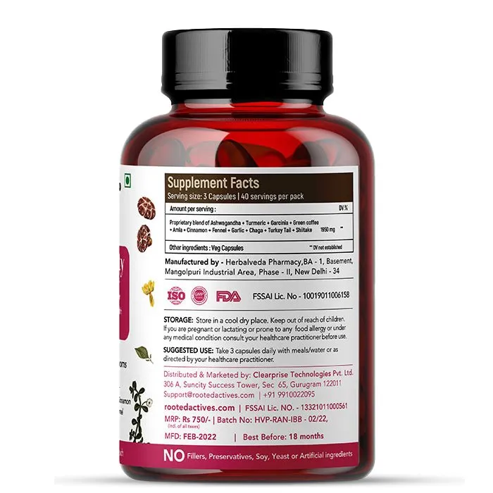 Rooted Inner Beauty Supplement for Collagen, Gut, Radiant Hair & Skin health | Mushrooms   Herbs Extract Blend | 120 Veg Caps of 650 mg each