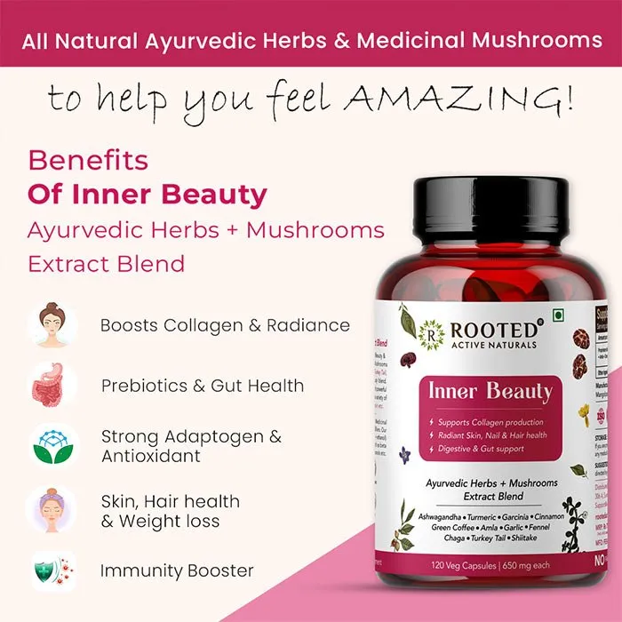 Rooted Inner Beauty Supplement for Collagen, Gut, Radiant Hair & Skin health | Mushrooms   Herbs Extract Blend | 120 Veg Caps of 650 mg each