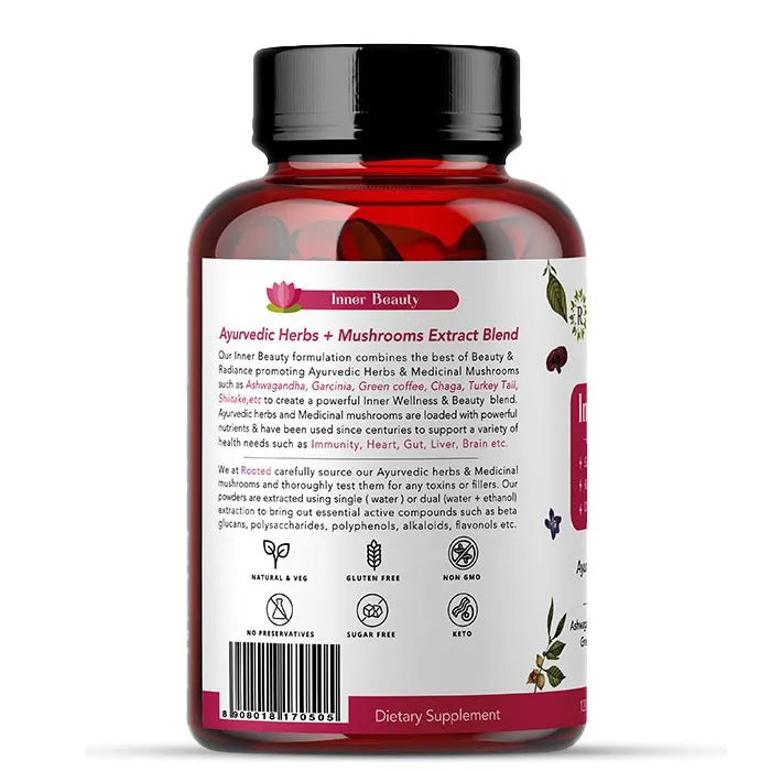 Rooted Inner Beauty Supplement for Collagen, Gut, Radiant Hair & Skin health | Mushrooms   Herbs Extract Blend | 120 Veg Caps of 650 mg each