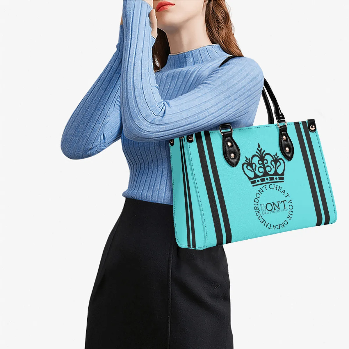 Royalty DON'T D4XV Black logo, Stripes & Turquoise  Multiple Sizes Upgraded Luxury Women PU Leather Handbag