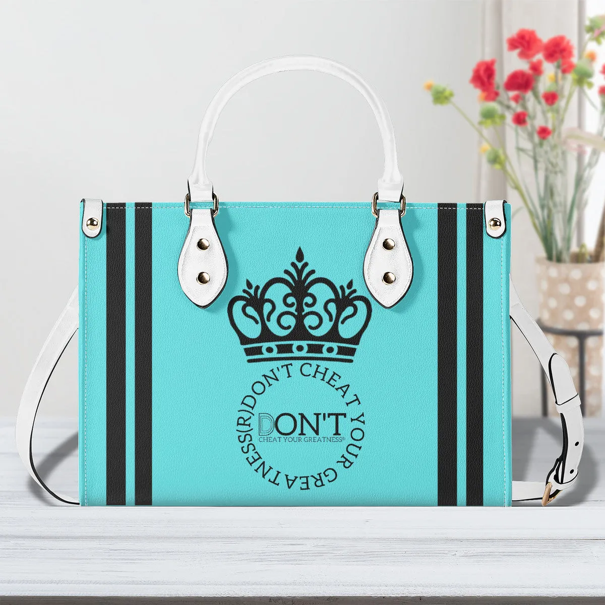 Royalty DON'T D4XV Black logo, Stripes & Turquoise  Multiple Sizes Upgraded Luxury Women PU Leather Handbag