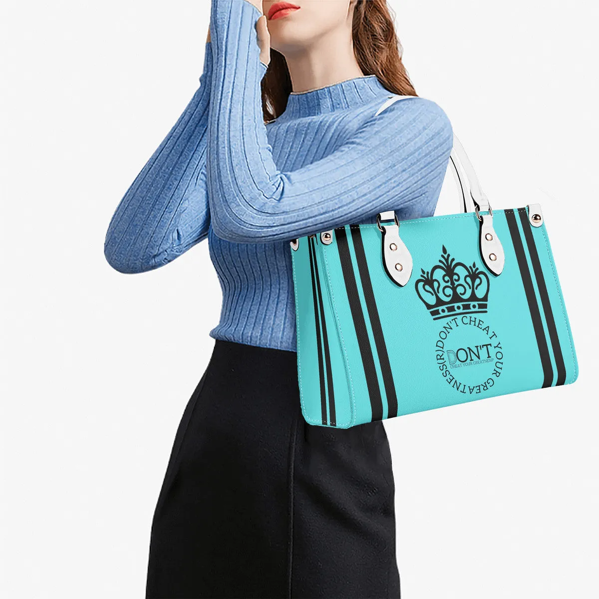 Royalty DON'T D4XV Black logo, Stripes & Turquoise  Multiple Sizes Upgraded Luxury Women PU Leather Handbag