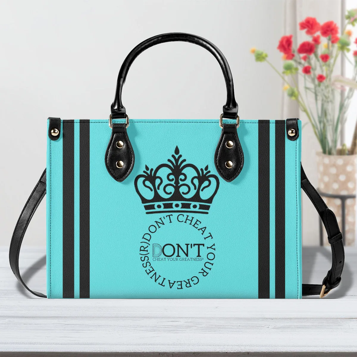 Royalty DON'T D4XV Black logo, Stripes & Turquoise  Multiple Sizes Upgraded Luxury Women PU Leather Handbag