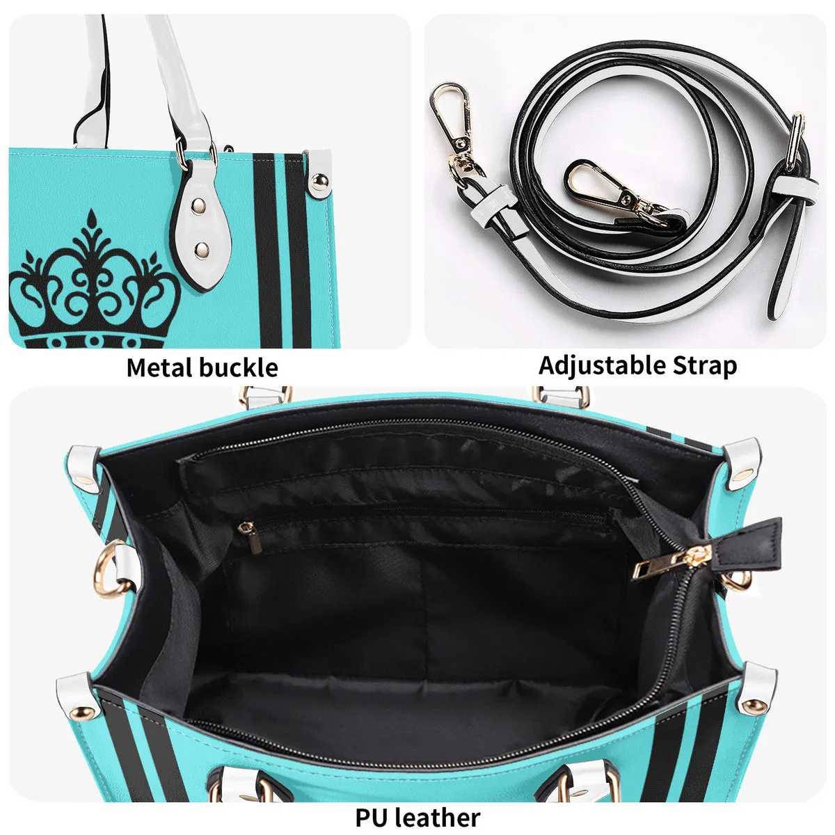 Royalty DON'T D4XV Black logo, Stripes & Turquoise  Multiple Sizes Upgraded Luxury Women PU Leather Handbag