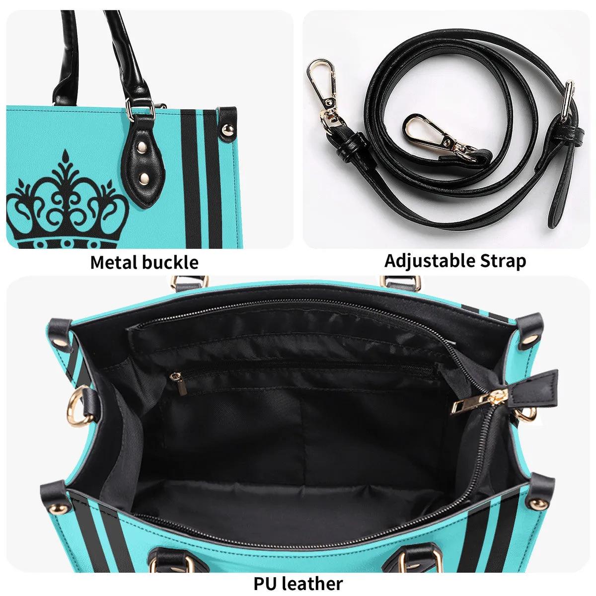 Royalty DON'T D4XV Black logo, Stripes & Turquoise  Multiple Sizes Upgraded Luxury Women PU Leather Handbag