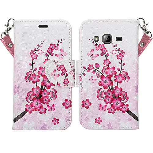 Samsung Galaxy J3 Case, J3V Case | Galaxy Express Prime Case | Galaxy Sky Case | Amp Prime Case | Galaxy Sol Wrist Strap Pu Leather Magnetic Fold Wallet Case with ID & Card Slots - Cherry Blossom