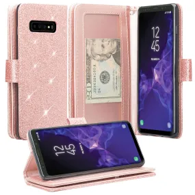 Samsung Galaxy S10 5G Case,SMG977U Case, Glitter Faux Leather Flip Credit Card Holder Wrist Strap Shockproof Protective Wallet Case Clutch for Samsung Galaxy S10 5G - Rose Gold