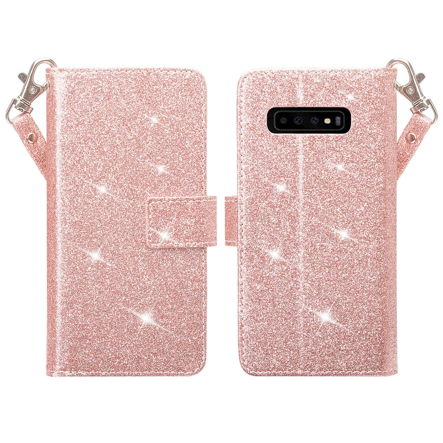 Samsung Galaxy S10 5G Case,SMG977U Case, Glitter Faux Leather Flip Credit Card Holder Wrist Strap Shockproof Protective Wallet Case Clutch for Samsung Galaxy S10 5G - Rose Gold