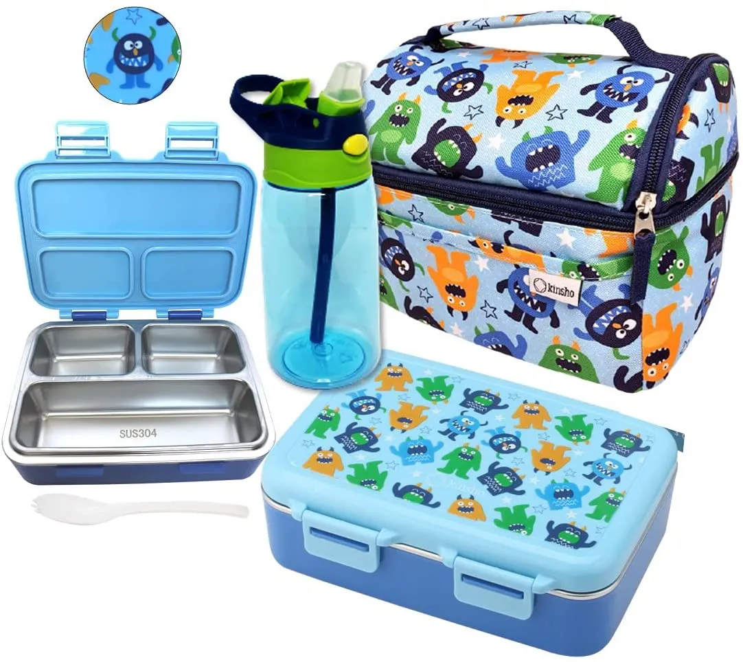 Stainless Steel Bento Lunch Box for Kids Toddlers Baby Boys, 3 Insulated Eco Metal Portion Sections Leakproof Lid, Pre-School Daycare Lunches and Snack Container, Blue