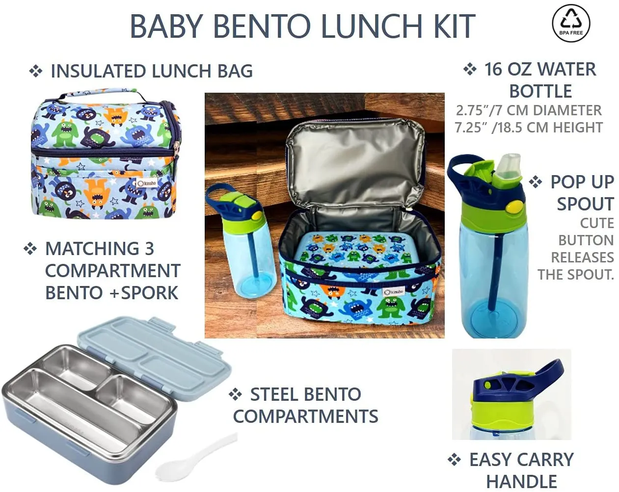 Stainless Steel Bento Lunch Box for Kids Toddlers Baby Boys, 3 Insulated Eco Metal Portion Sections Leakproof Lid, Pre-School Daycare Lunches and Snack Container, Blue