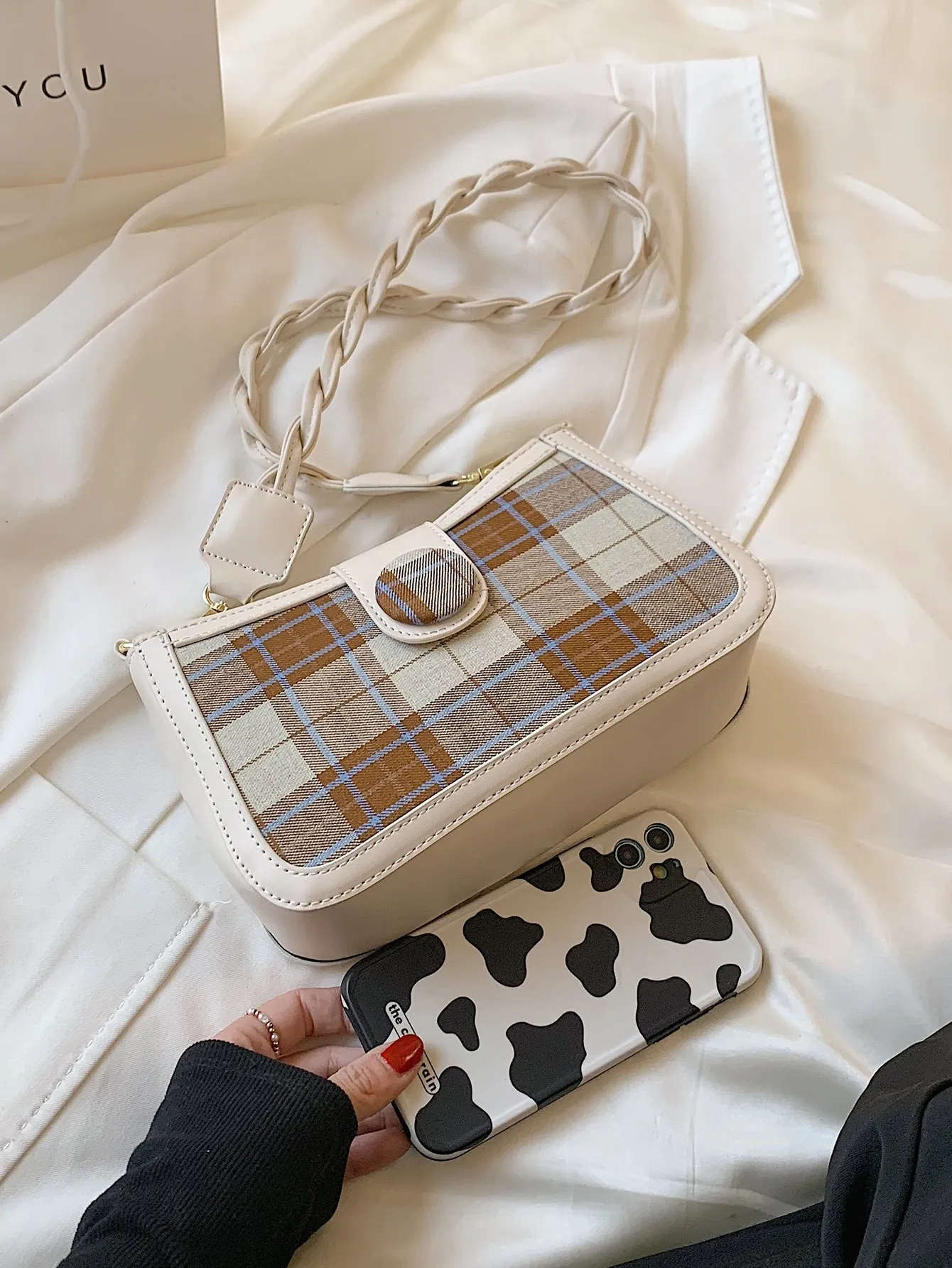 Tartan Snap Button Baguette Bag