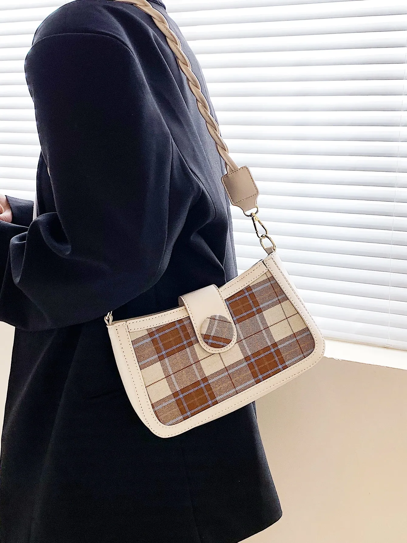 Tartan Snap Button Baguette Bag