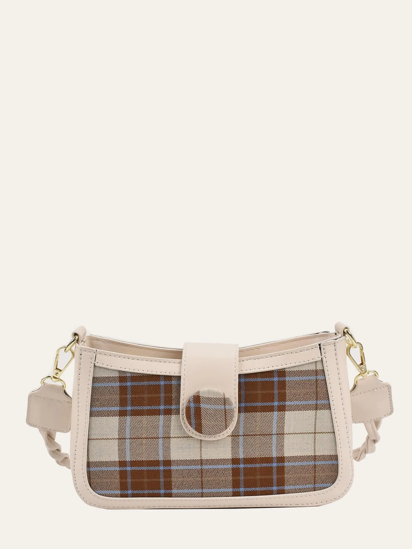 Tartan Snap Button Baguette Bag