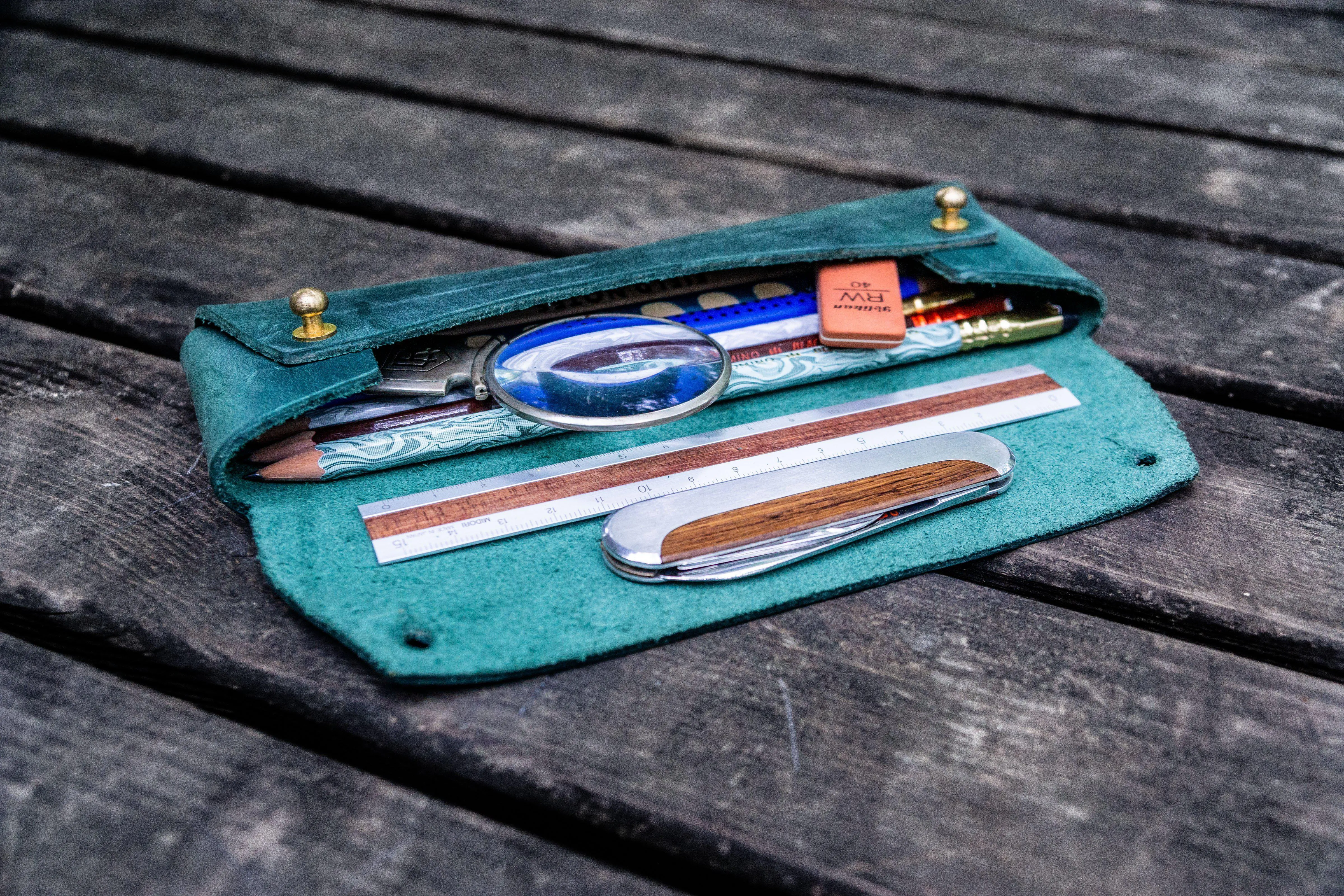 The Student Leather Pencil Case - Crazy Horse Forest Green