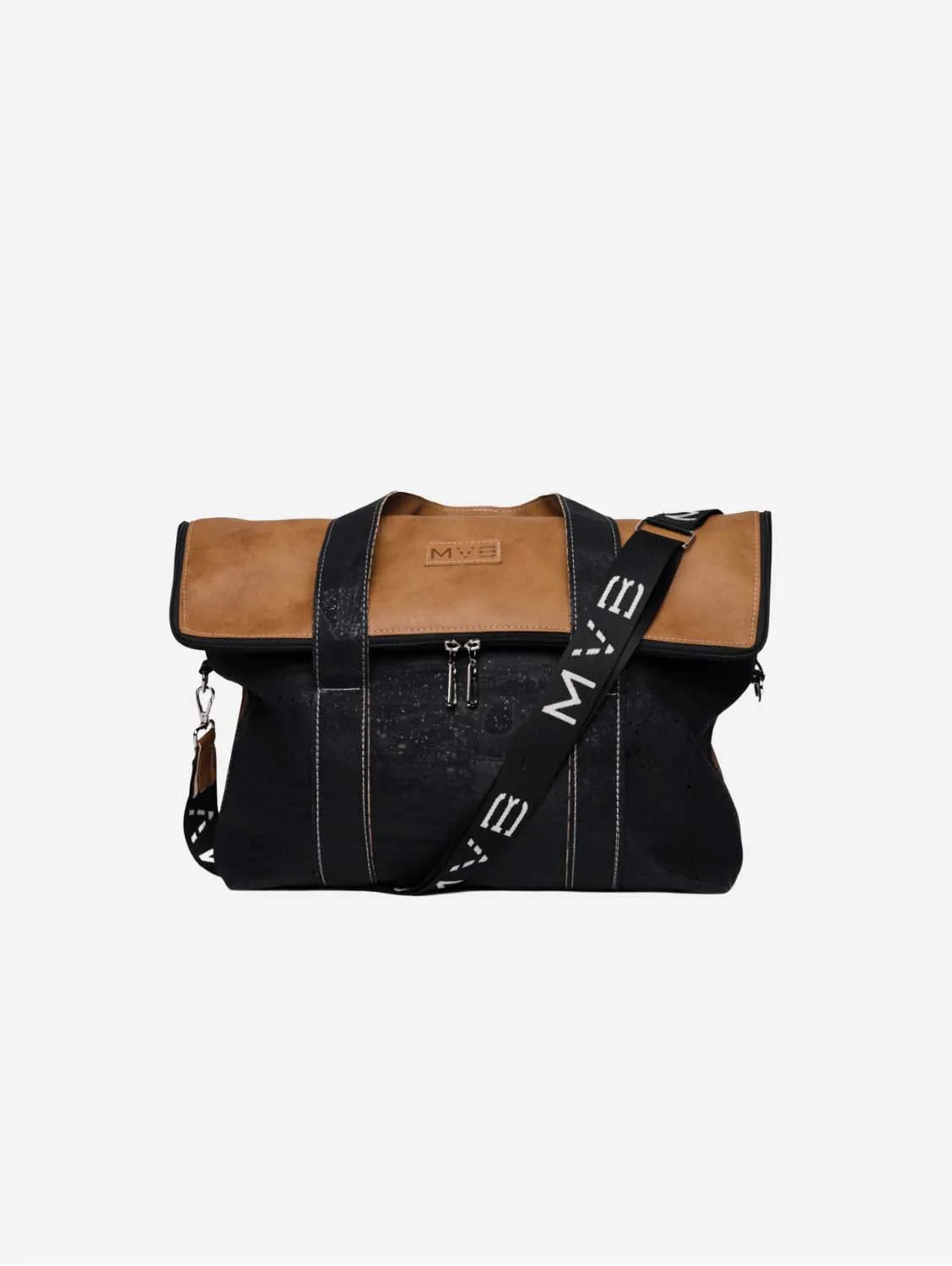 The Versa Flop Cork Vegan Messenger Bag | Black & Camel