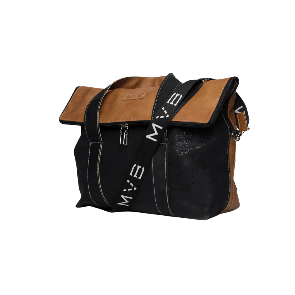 The Versa Flop Cork Vegan Messenger Bag | Black & Camel