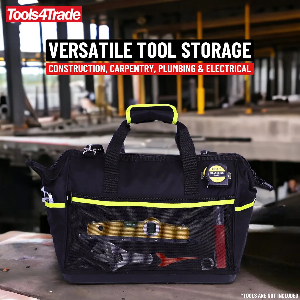 Tools4Trade 18" Tool Bag with Multi-Pockets & Hard Base - Yellow