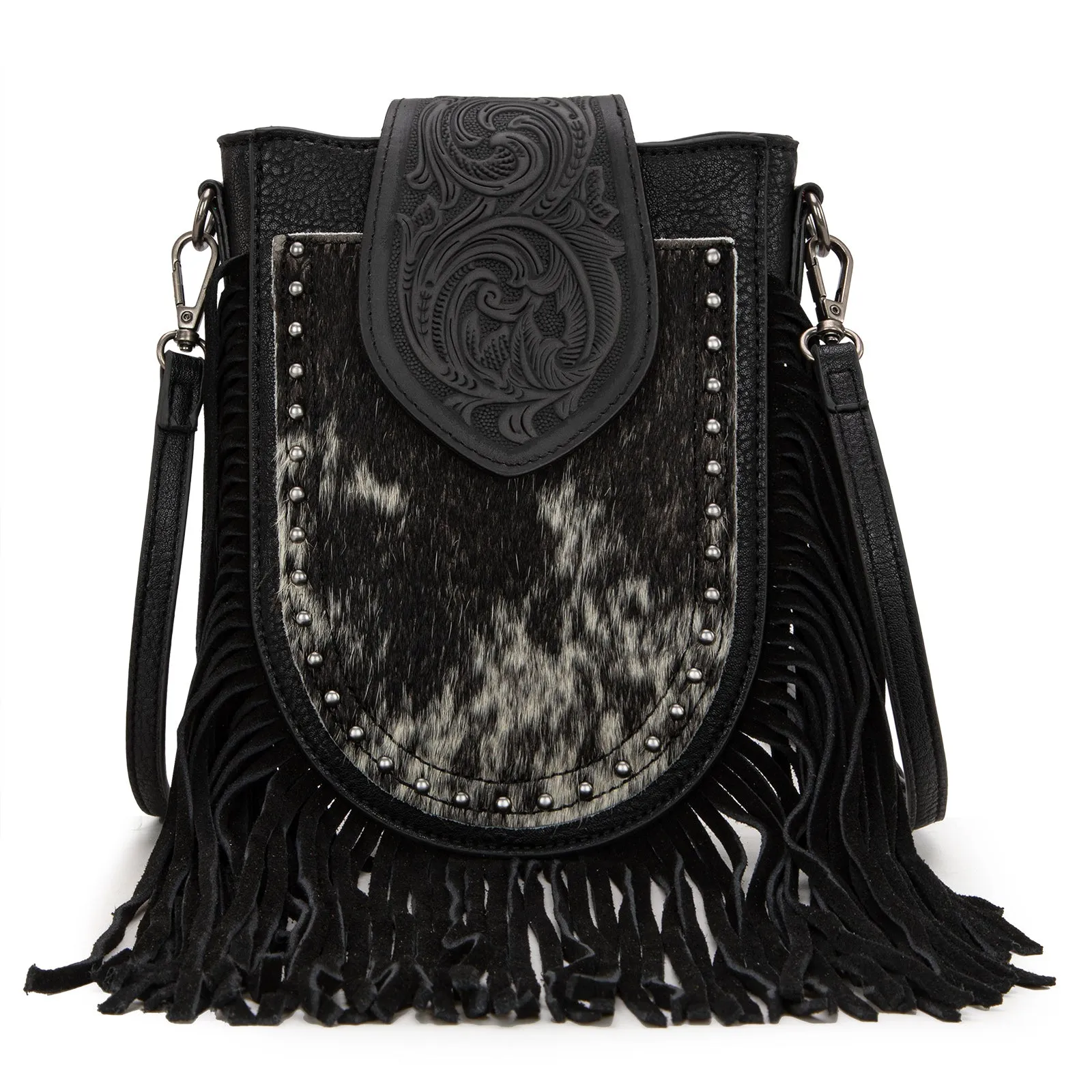 TR180-8360  Trinity Ranch Genuine Hair-On Cowhide Tooled Fringe  Crossbody Bag- Black