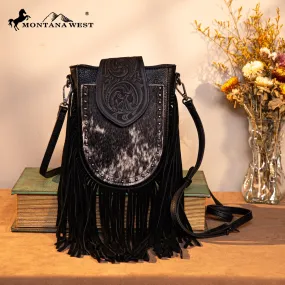 TR180-8360  Trinity Ranch Genuine Hair-On Cowhide Tooled Fringe  Crossbody Bag- Black