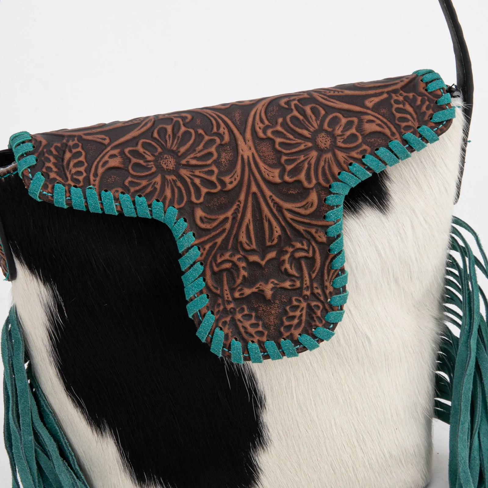 TR182-9181  Trinity Ranch Genuine Hair-On Cowhide Tooled Fringe Shoulder Bag- Black