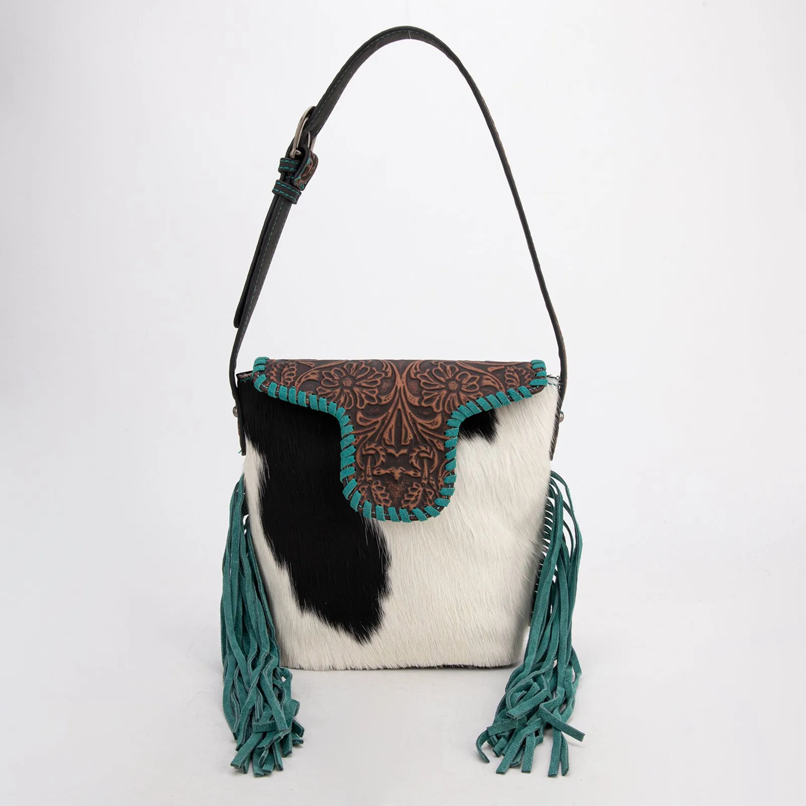 TR182-9181  Trinity Ranch Genuine Hair-On Cowhide Tooled Fringe Shoulder Bag- Black