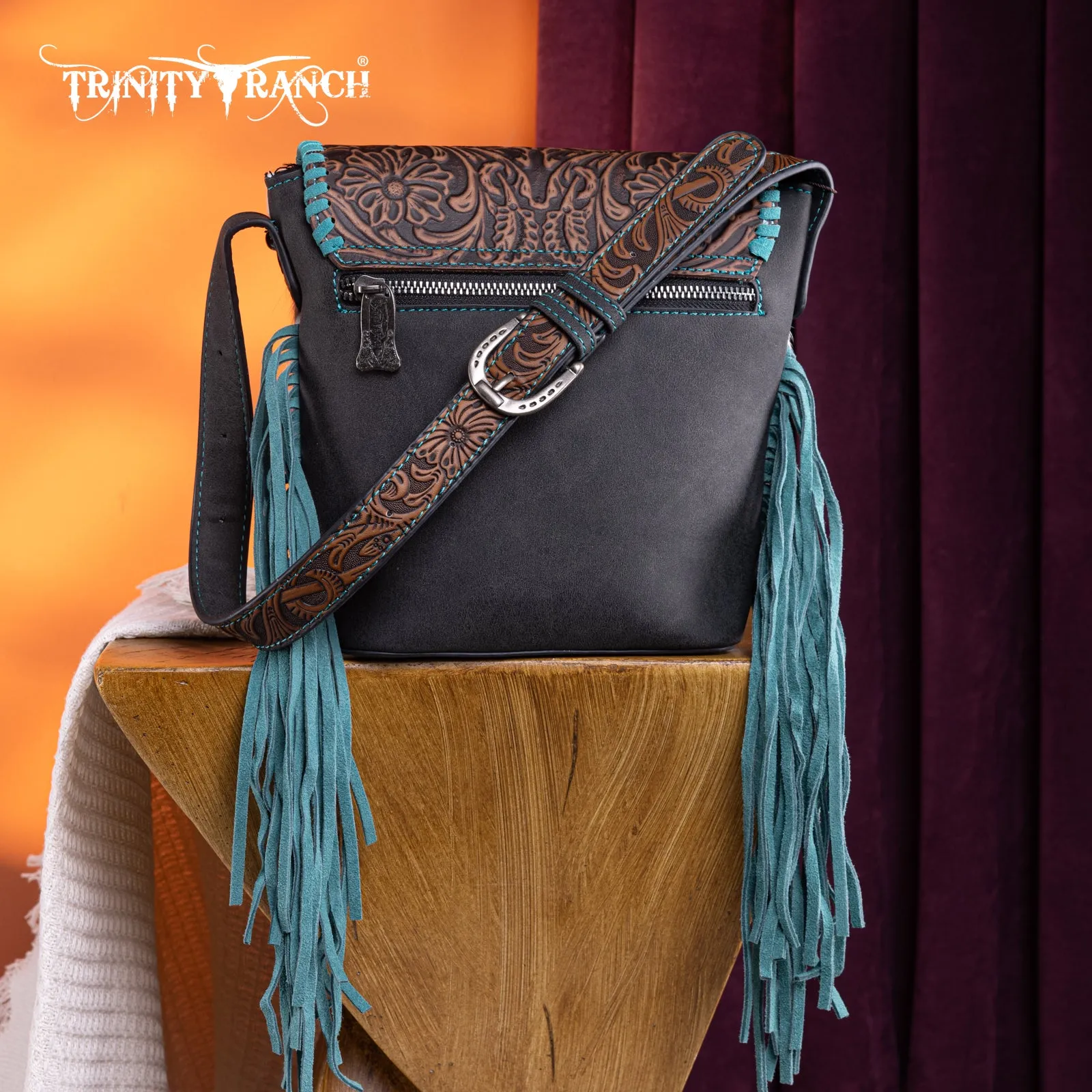 TR182-9181  Trinity Ranch Genuine Hair-On Cowhide Tooled Fringe Shoulder Bag- Black