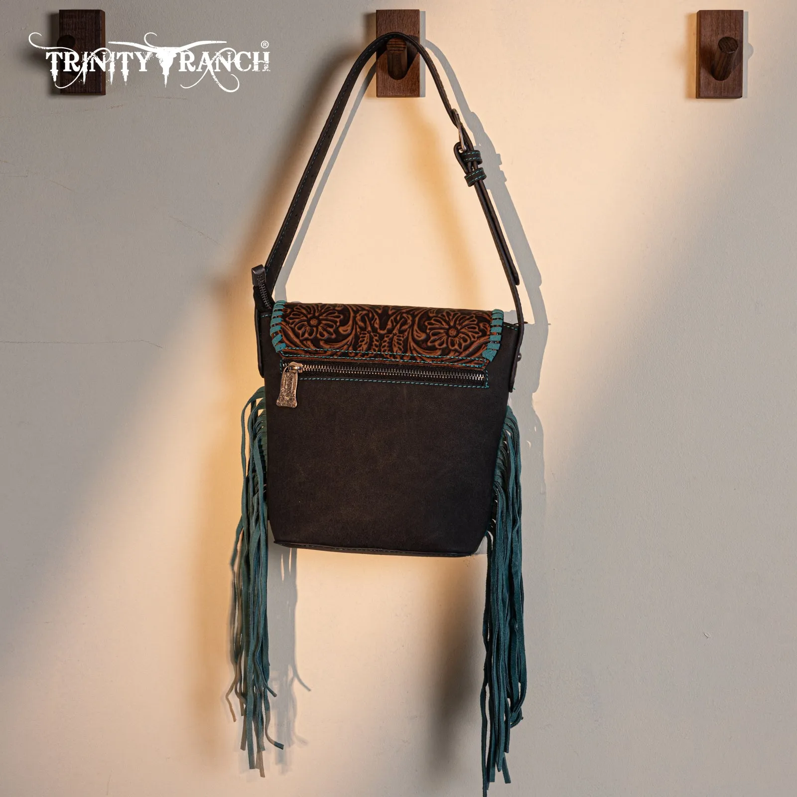 TR182-9181  Trinity Ranch Genuine Hair-On Cowhide Tooled Fringe Shoulder Bag- Black