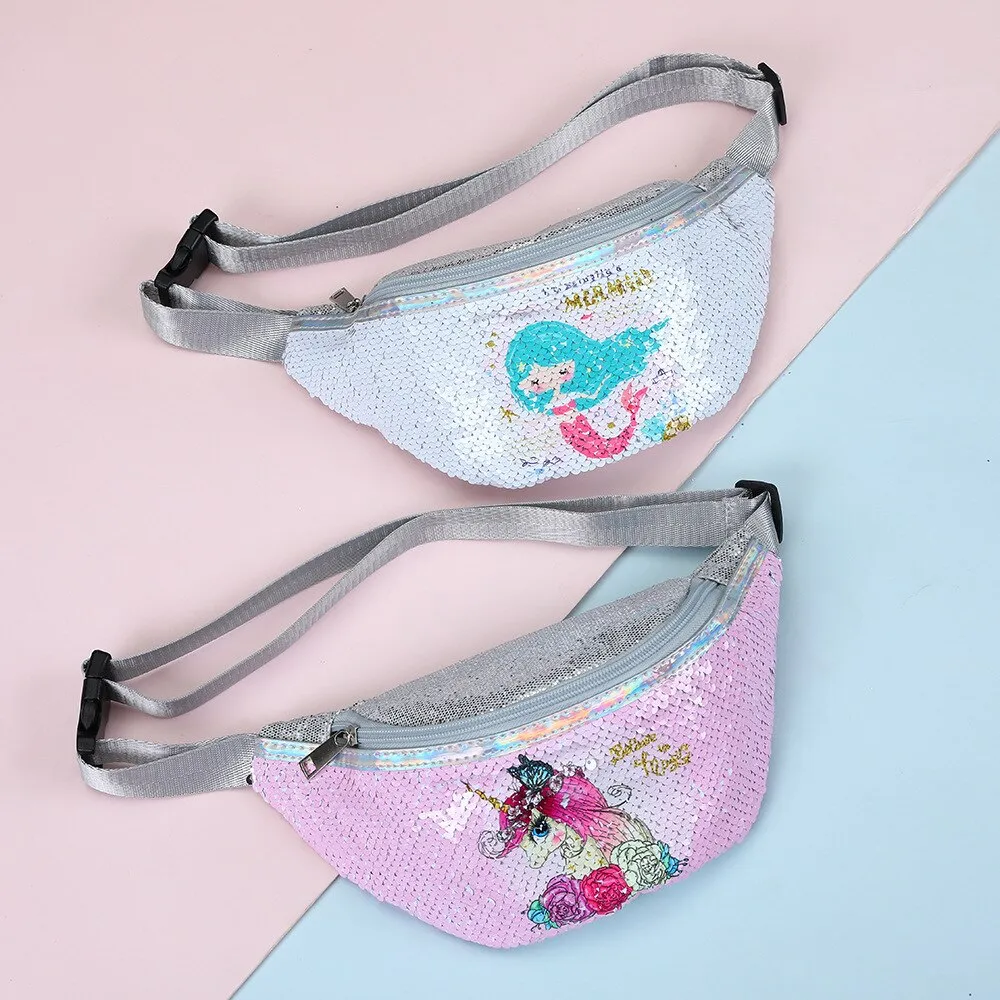 Unicorn Sequins Girls Belt Waist Pack Fanny Girls Belt Mermaid Sport Bag Cartoon For Girl