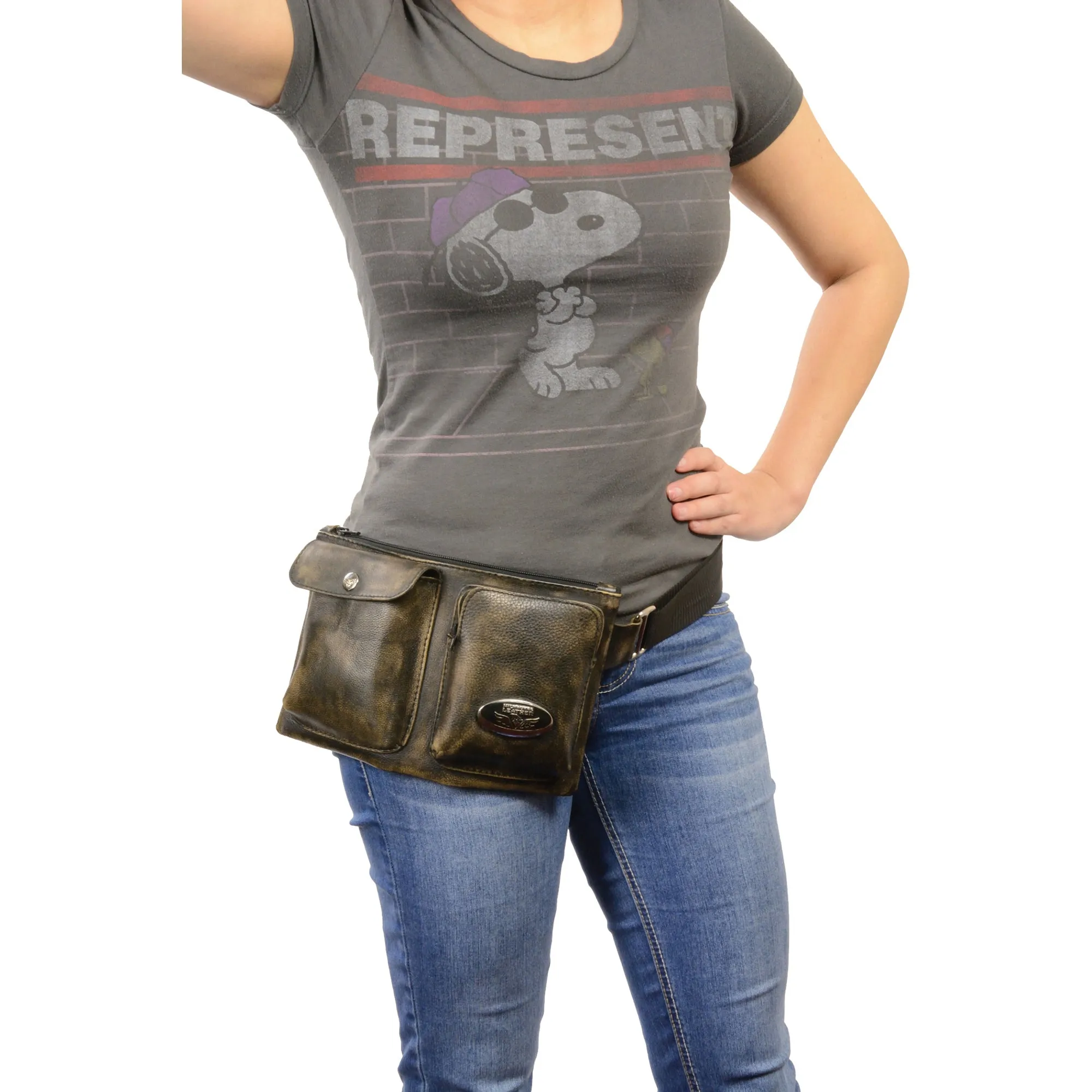 Unisex Black Leather Belt Bag w/ Gun Holster