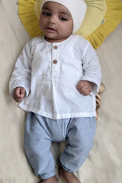 Unisex Organic Essential White Kurta Top With Blue Chambray Pants Whitewater Kids