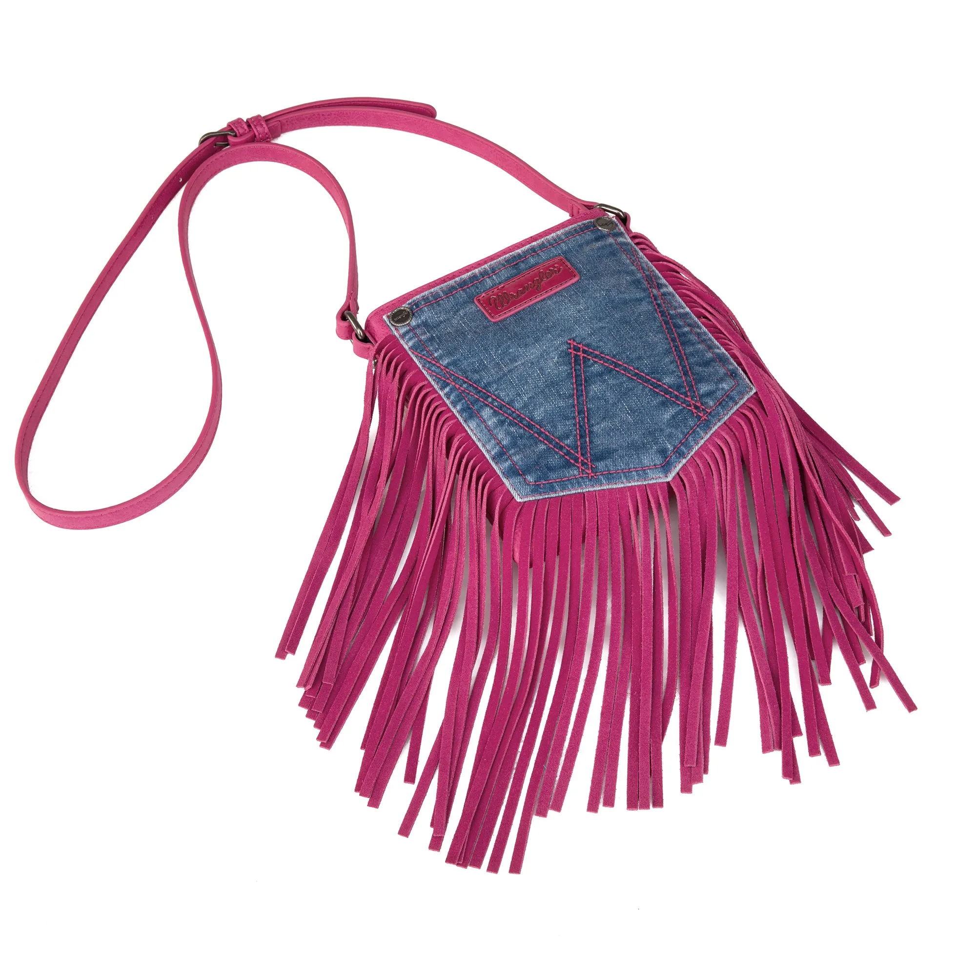 WG44-8360 Wrangler Leather Fringe Jean Denim Pocket Crossbody - Hot Pink