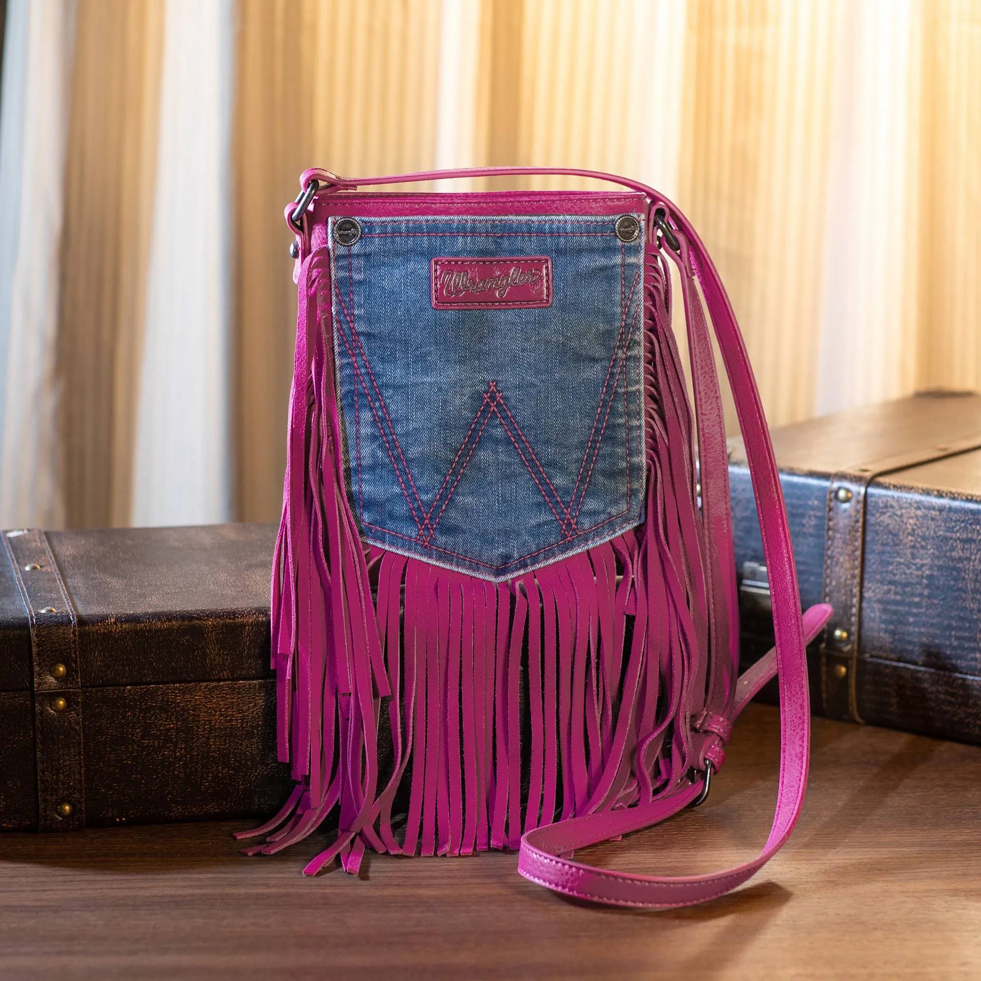 WG44-8360 Wrangler Leather Fringe Jean Denim Pocket Crossbody - Hot Pink