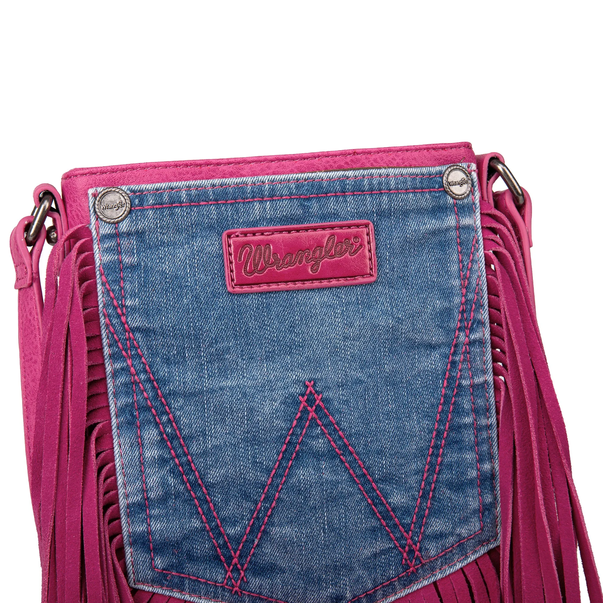 WG44-8360 Wrangler Leather Fringe Jean Denim Pocket Crossbody - Hot Pink