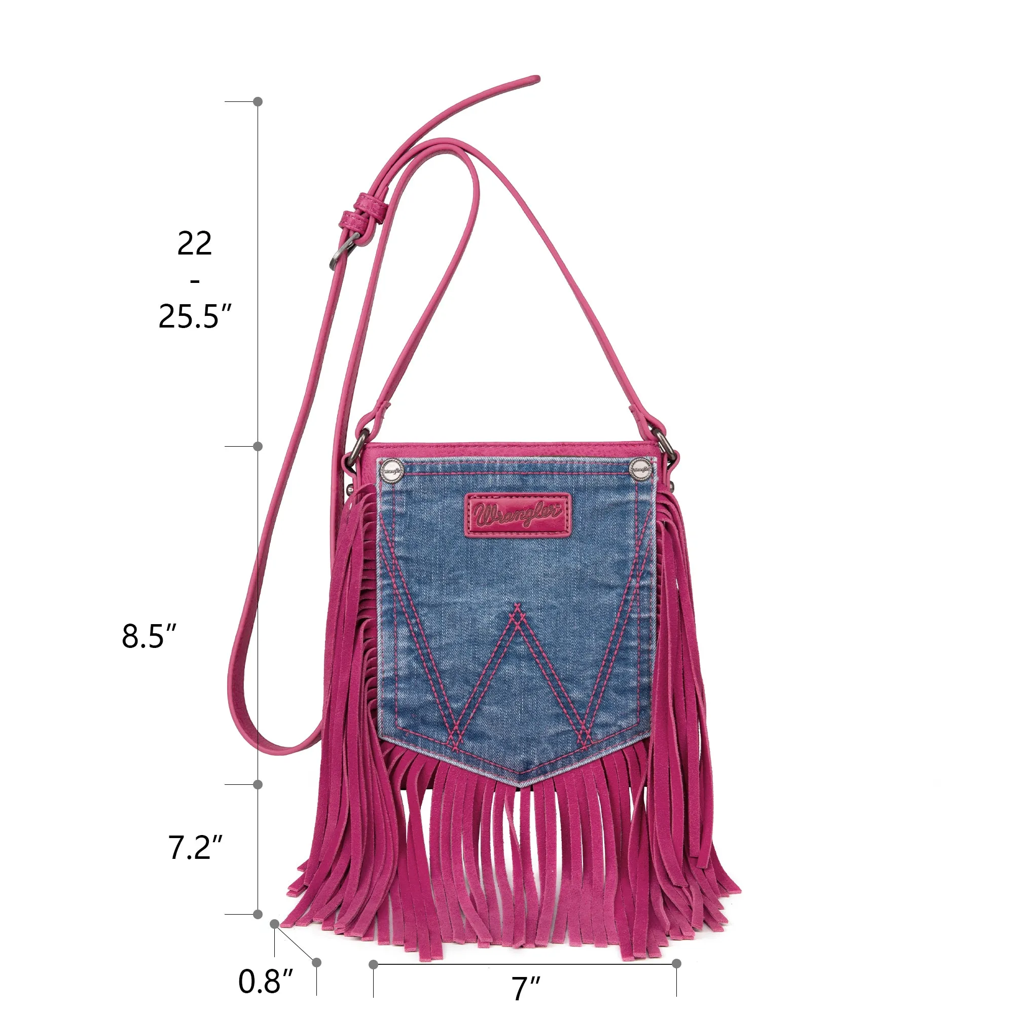 WG44-8360 Wrangler Leather Fringe Jean Denim Pocket Crossbody - Hot Pink