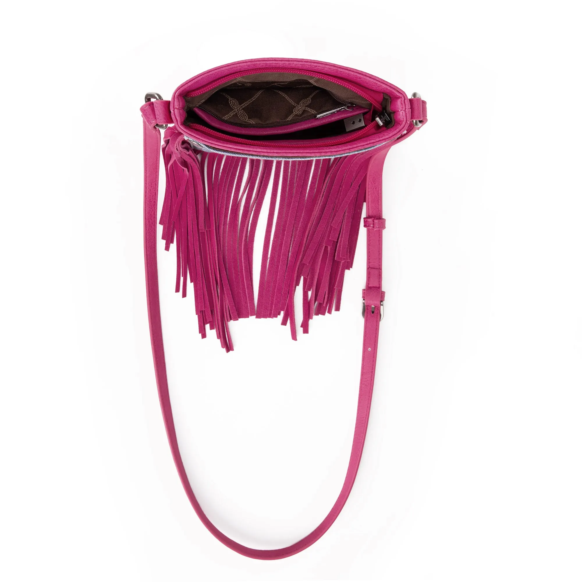 WG44-8360 Wrangler Leather Fringe Jean Denim Pocket Crossbody - Hot Pink