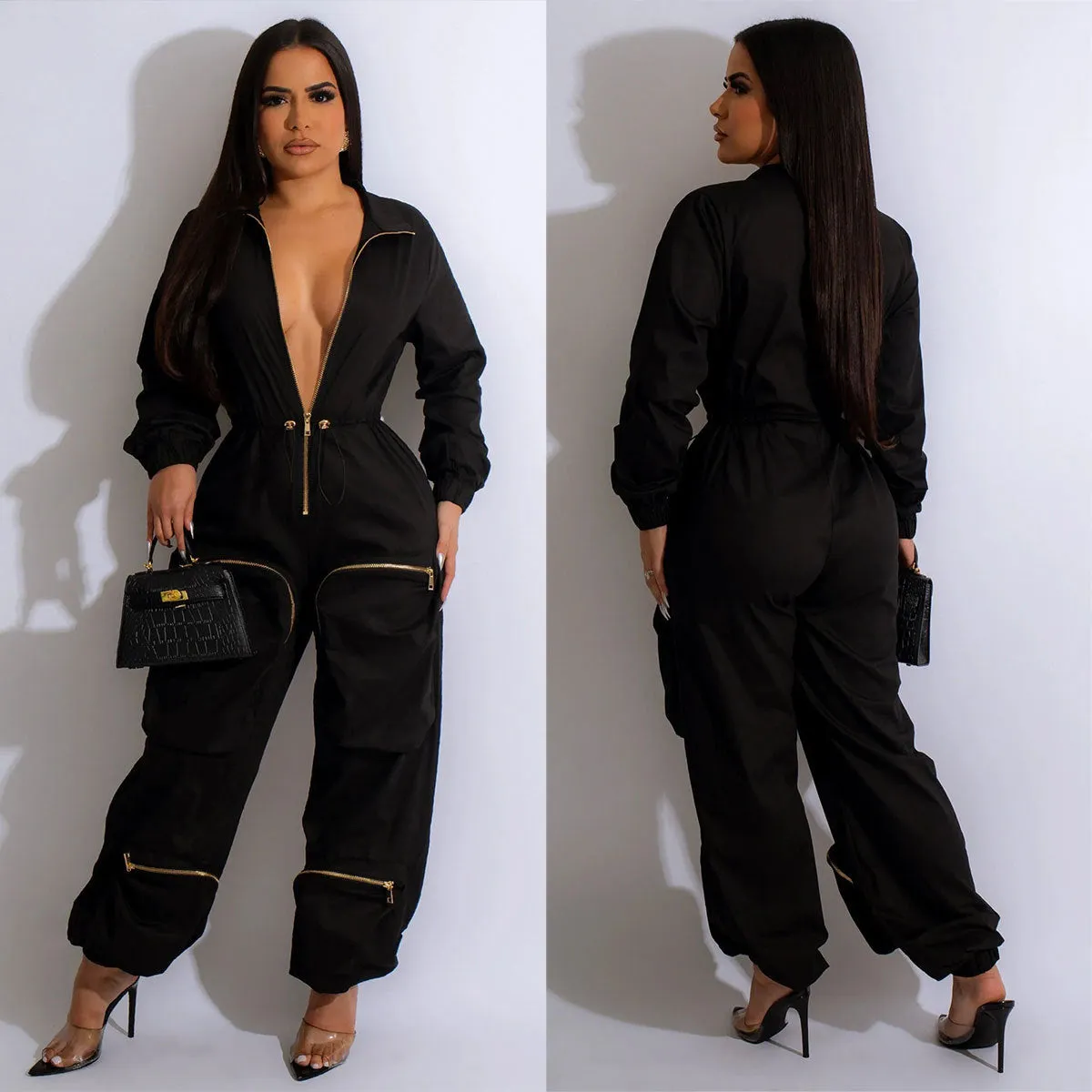 XIANGTUIBAO New cross-border new women's clothing, 2025 waist tooling jumpsuit, metal zipper bread bag casual trousers